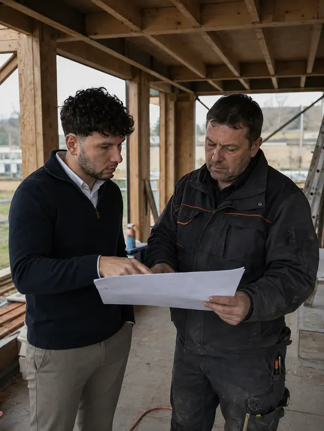 Mark Bobčík s klientem na stavbě dřevostavby nad projektovou dokumentací