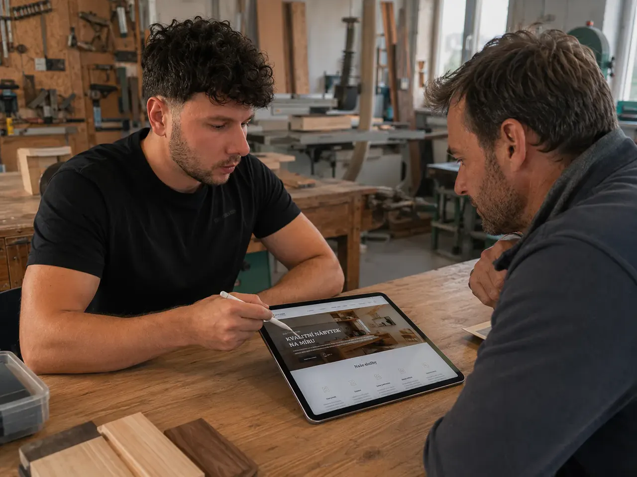 Mark Bobčík ukazuje truhláři nový web na tabletu přímo v jeho dílně